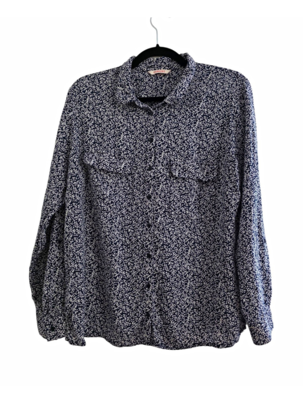 Camaïeu women's blouse navy/white floral woven collared button-up long sleeve